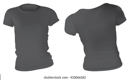 Vector illustration of black t-shirt template for women, front and back, realistic gradient mesh design, isolated on white