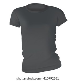 Vector illustration of black t-shirt template for women, front view, realistic gradient mesh design, isolated on white
