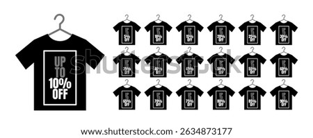 Vector illustration of black t-shirts on hangers with "Up to X% OFF" discount signs, ranging from 5% to 90%, representing a progressive sale or promotion concept.