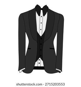Ilustración vectorial de un esmoquin negro con una pajarita negra sobre un fondo blanco. Vector ilustración de arte digital de ropa formal de los hombres.