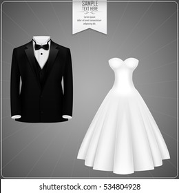 Vector illustration of Black tuxedo and white bridal gown