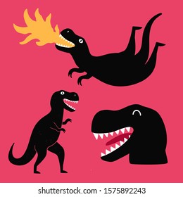 Vector illustration with black tyrannosaurus. Funny apparel print design with dinosaurs