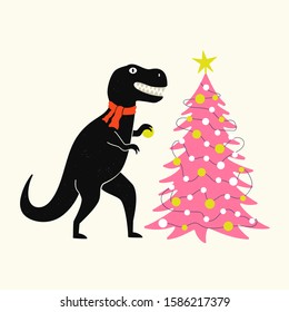 Vector illustration with black tyrannosaurus in red scarf and pink christmas pine tree with garland. Funny holiday print design, new year greeting card template