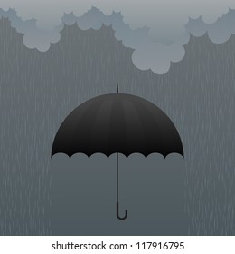 Vector illustration of a black umbrella in heavy rain.