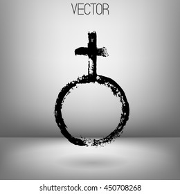 Vector illustration of black Venus symbol painted by dry brush. Hand drawn woman symbol. Grey background. Soft shadow, Textured element, Ink. 
