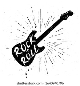 Vector Illustration of black vintage grunge label with guitar and text rock and roll.