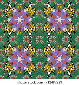 Vector illustration of black, violet and green flowers. Seamless pattern with flowers on motley background.