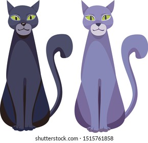 vector illustration of black and violet halloween sitting cat with curled tail and yellow-greenish eyes