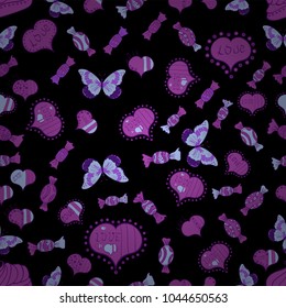Vector illustration. Black, violet and neutral seamless heart pattern. Typography lettering poster. Valentines Day. Pattern for wrapping. Repeating texture.