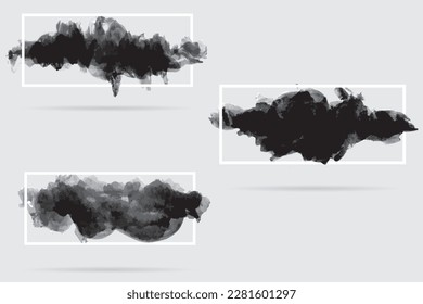 Vector illustration. Black watercolor. Similar shape, cloud or smoke and rectangular frame. White lines. Ready grunge back