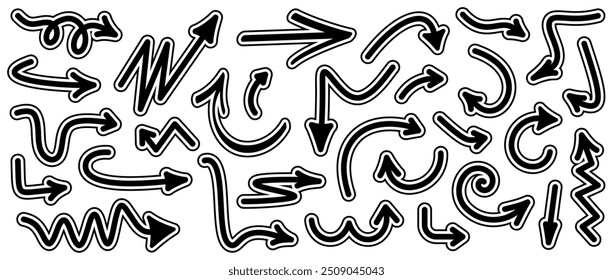 Vector illustration of black wavy and curved arrows with bold white outlines, featuring various directional flows and creative styles.