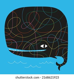 Vector illustration with black whale, blue sea with white waves and colored doodle abstract lines. Funny apparel print design with ocean animal