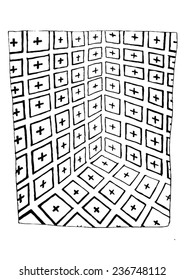 Vector illustration of black & white 3d space, room. Hand drawn, colored, dimensional.