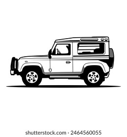 Ilustración vectorial de un coche todoterreno 4x4 blanco y negro desde el lateral