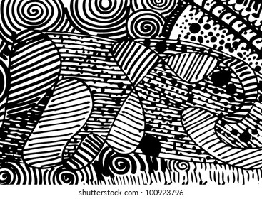 Vector illustration of black and white abstract graphic swirl pattern/background.