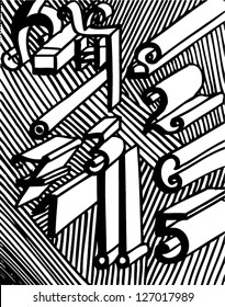 Vector illustration of black and white abstract background. Hand drawn numbers / time theme.