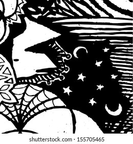 Vector illustration of a black & White abstract hand drawn image. Stars and moon at night.
