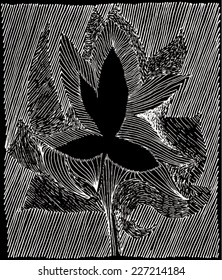 Vector illustration of black & white abstract leaf drawing. Leafy background / pattern / texture.