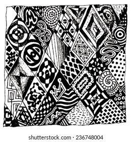 Vector illustration of black & white abstract tribal like drawing. Hand drawn illustration.