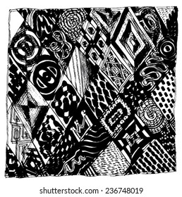 Vector illustration of black & white abstract tribal like drawing. Hand drawn illustration.