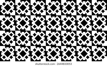 Vector illustration of a black and white abstract geometric pattern with symmetrical and repetitive design. Each shape resembles a star or cross-flower motif, creating a dynamic and modern appearance