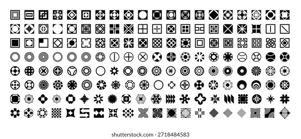 Ilustração vetorial de uma coleção de símbolos geométricos abstratos em preto e branco apresentando elementos de design circulares e quadrados.