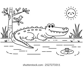 Ilustración vectorial de una cara sonriente del Aligator blanco y negro aislada en el fondo blanco. Para el libro para colorear de los niños.