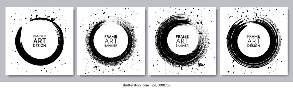Vector illustration. Black and white background. Ink brush stroke posters. Paint splash effect. Abstract art frames collection. Design elements for social media, mobile app banner, web advertisement.
