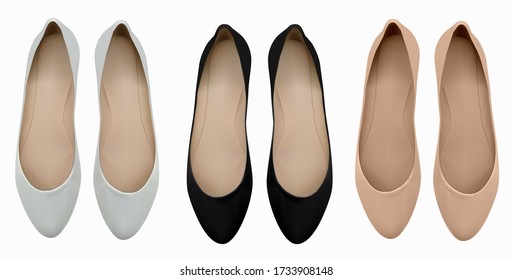 Vector illustration of black, white and beige shoes. An isolated image of a comfortable female shoe.