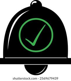 vector illustration black and white bell icon with green checkmark or checklist, under alarm activated concept