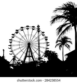 Vector illustration of black and white Big Ferris wheel and palm tree with print for t-shirt graphic isolated on white background