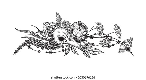 Vector illustration of black and white bird skull, flowers and branches isolated on white background. Mystical totem simbol. Hand drawn picture for tattoo, coloring book.