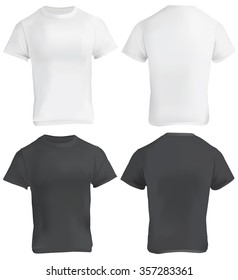 Vector illustration of black and white blank t-shirt template, front and back, realistic gradient mesh design, isolated on white