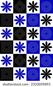 Ilustración vectorial en color negro, blanco, azul, eps 10. Patrón geométrico con elementos de flores en un tablero de ajedrez para banner, volante, afiche, idea de diseño.