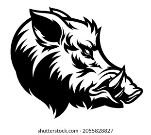 Vector illustration of black and white boar head side view.