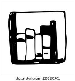 Vector illustration of a black and white bookshelf. Interior furniture in cartoon style.