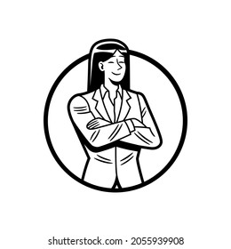 Vector illustration, in black and white and border lines, of a businesswoman wearing suit, with crossed arms, framed in a circular shape, to use like logo or design element.