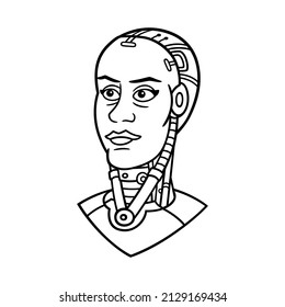 Vector illustration, in black and white with border lines, of the face of an android with woman look. Science fiction character.