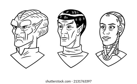 Vector illustration, in black and white with border lines, of the face of three science fiction characters.