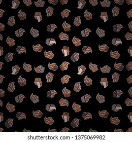 Vector illustration. Black, white and brown color. Sweets background design. Print for bakery. Seamless pattern hand drawn cupcakes.