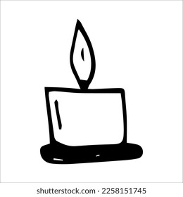 Vector illustration of a black and white burning candle. Interior furniture in cartoon style.