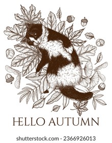 Vector illustration of a black and white cat on an autumn fallen leaf in engraving style