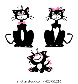 Vector illustration of a Black and white cat cat lady and kitty