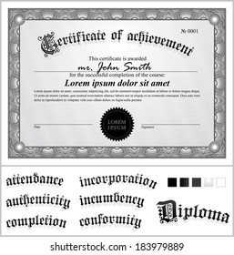 Vector illustration of black and white certificate. Template. Horizontal. Additional design elements. 