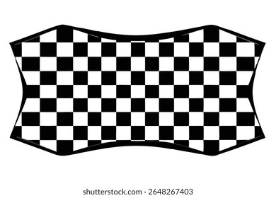 A vector illustration of a black and white checkered flag in a warped frame silhouette The squares are evenly sized and create a repeating pattern. The overall style is simple and graphic.
