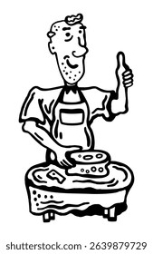 Vector illustration black and white cheesemaker positively evaluating his own products on a white isolated background