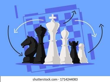 Vector illustration of black and white chess pieces led by the king in the foreground, Queen, Bishop, pawn,rook, knight, chessboard outline in the background