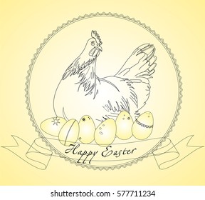 Vector illustration of black and white chicken and Easter eggs on yellow background.