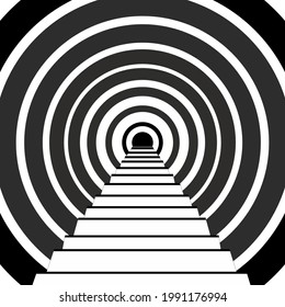 Vector Illustration. Black and White circle Expanding from the Center and stairs. Optical Illusion of Perspective.