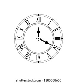 Vector illustration of a black and white clock face with Roman numerals